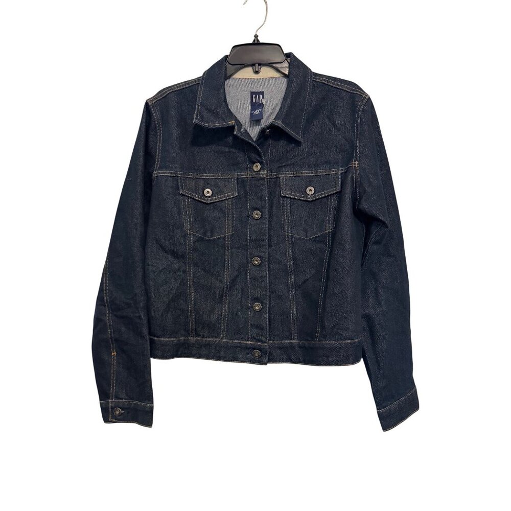 Gap Denim Jacket Women L Dark Wash Classic Button-Up Cotton/Polyester Blend Casu